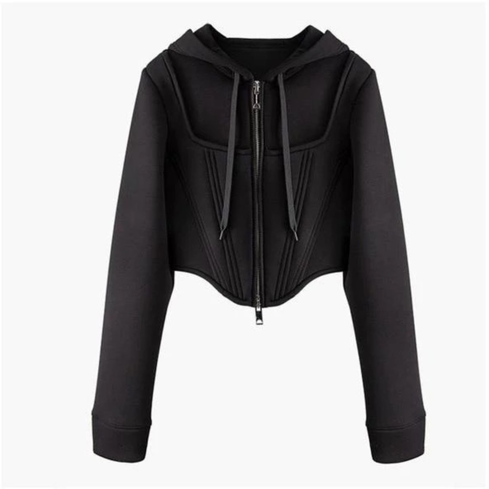 Muse Black Cropped Zip-Up Hoodie with Corset Panel
